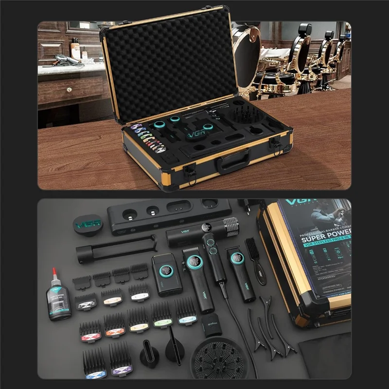 VGR 4 i 1 professionel barberkombi med hårklipper, skægtrimmer, folierazor og hårtørrer – med opladningsdok, EU-stik/kontakt / Sort