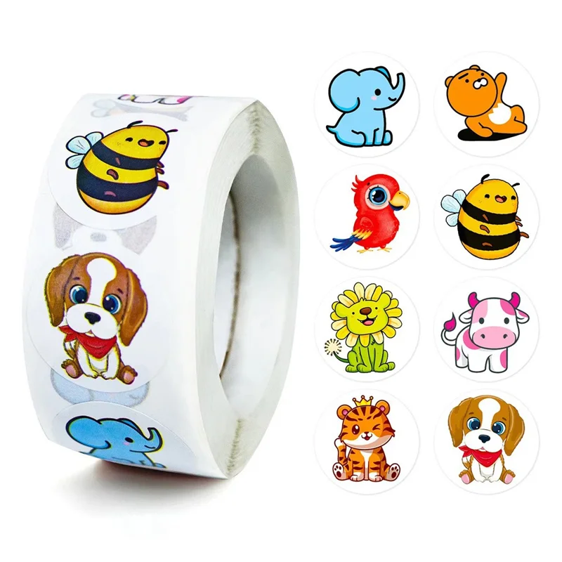 X-229 500Pcs / Roll Cute Cartoon Animal Stickers for Kids Journal Decoration Reward Labels