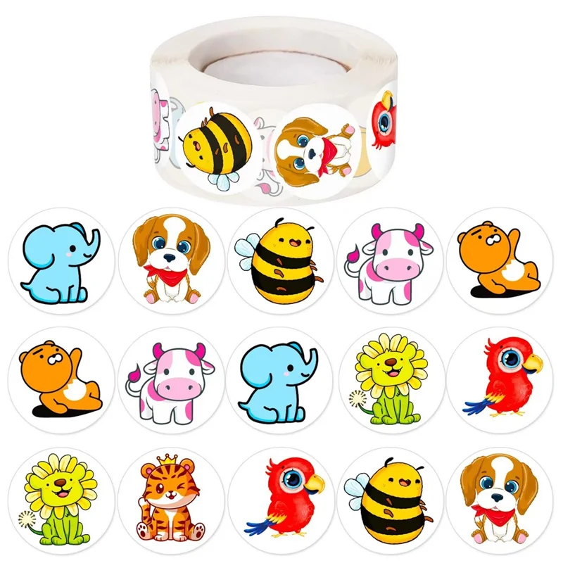 X-229 500Pcs / Roll Cute Cartoon Animal Stickers for Kids Journal Decoration Reward Labels