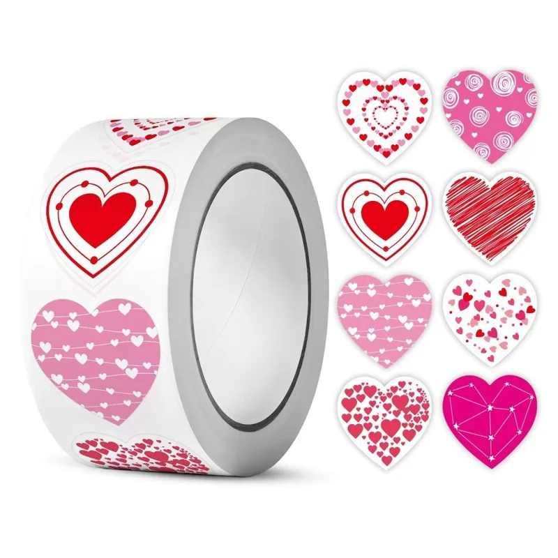 X-077 500Pcs / Roll Heart Shape Sticker Valentine's Day Decorative Stickers for Gift Wrapping Envelope Card DIY Craft