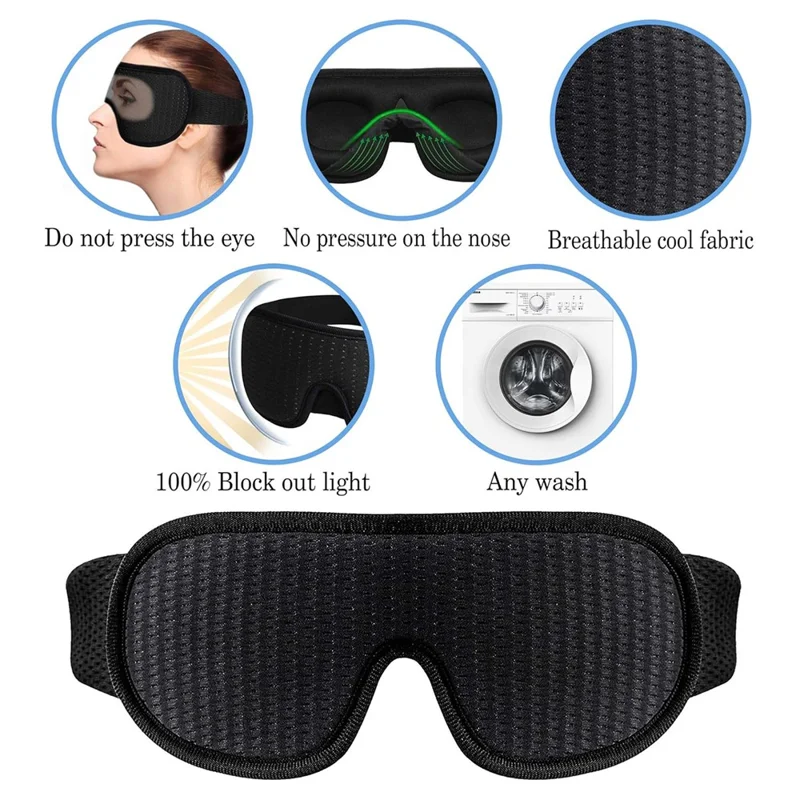 3D Sleep Eye Mask Breathable Mesh Light Blocking Adjustable Strap Ergonomic Eye Mask - Black