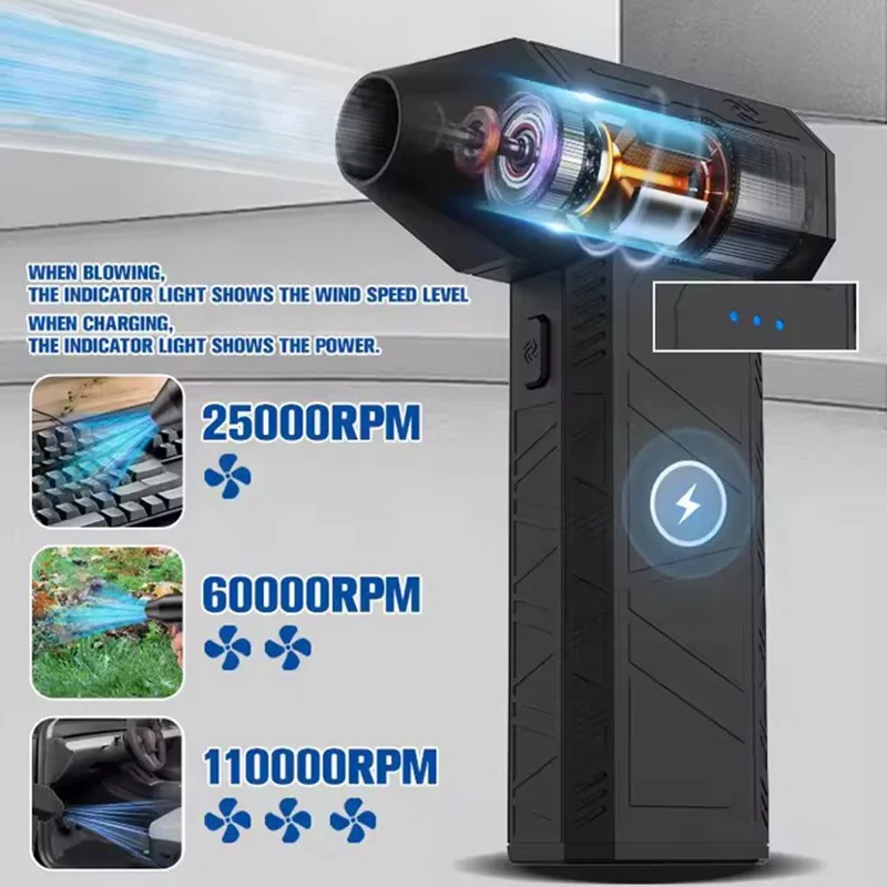 X3 Mini Turbo Fan 110000RPM Electric Air Blower Car Keyboard Cleaning Tool with 4 Nozzles - Black