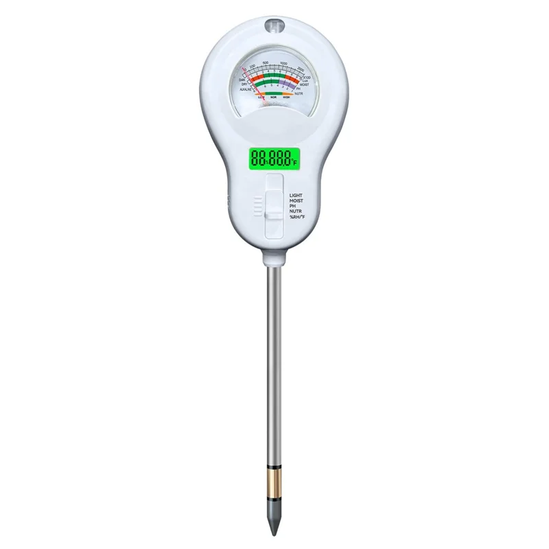 6 in 1 Soil Tester pH Meter with LCD Display Light Moisture Fertility Temperature Humidity Detector, without Battery - White