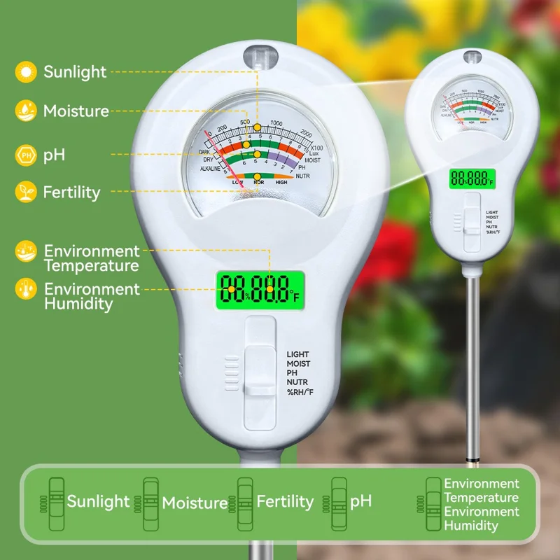 6 in 1 Soil Tester pH Meter with LCD Display Light Moisture Fertility Temperature Humidity Detector, without Battery - White