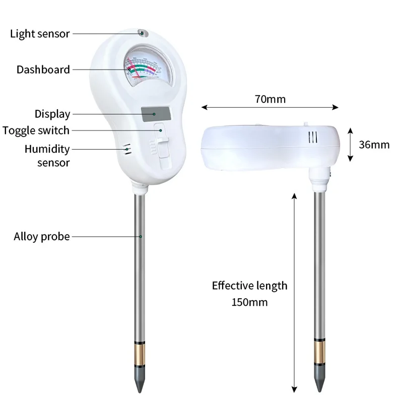6 in 1 Soil Tester pH Meter with LCD Display Light Moisture Fertility Temperature Humidity Detector, without Battery - White