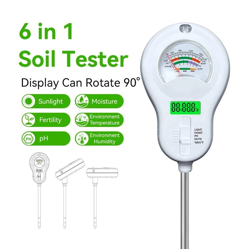 6 in 1 Soil Tester pH Meter with LCD Display Light Moisture Fertility Temperature Humidity Detector, without Battery - White