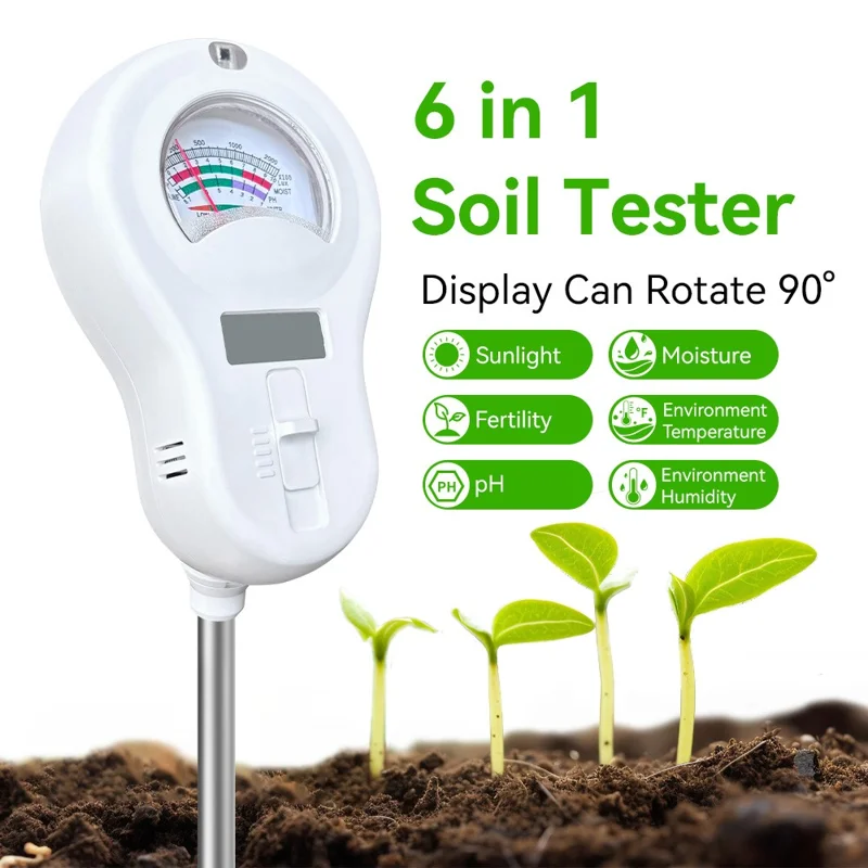 6 in 1 Soil Tester pH Meter with LCD Display Light Moisture Fertility Temperature Humidity Detector, without Battery - White