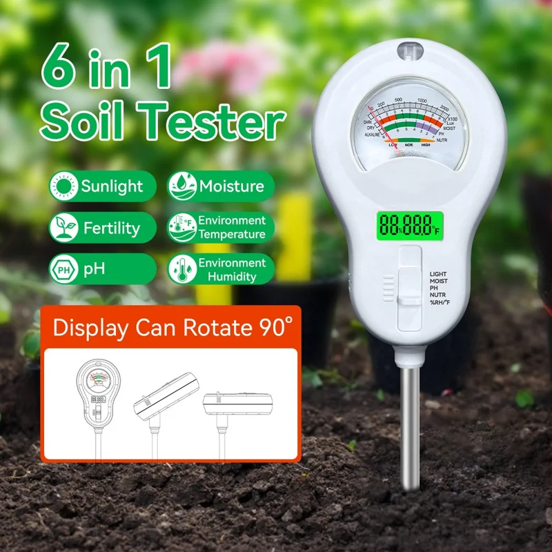 6 in 1 Soil Tester pH Meter with LCD Display Light Moisture Fertility Temperature Humidity Detector, without Battery - White