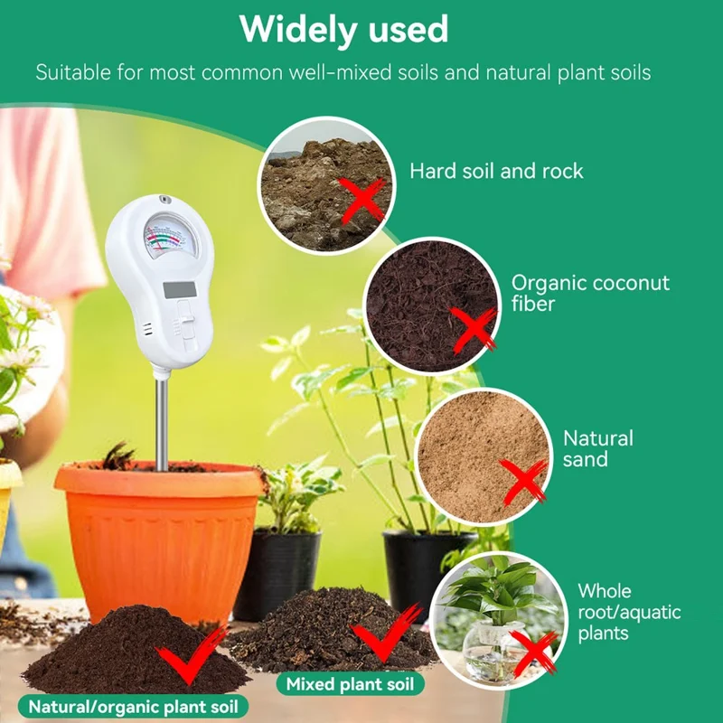 6 in 1 Soil Tester pH Meter with LCD Display Light Moisture Fertility Temperature Humidity Detector, without Battery - White