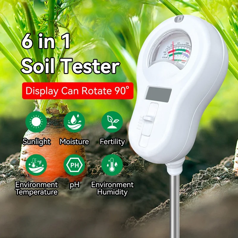 6 in 1 Soil Tester pH Meter with LCD Display Light Moisture Fertility Temperature Humidity Detector, without Battery - White