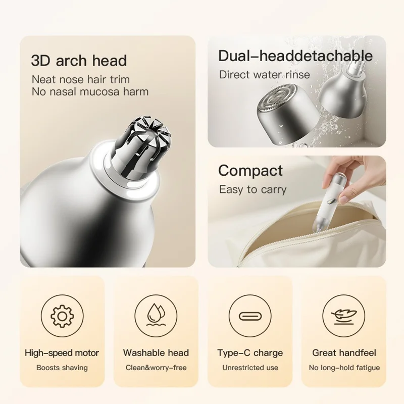 Electric Nose Hair Trimmer Men Portable Mini Grooming Shaver Type-C Charging - White