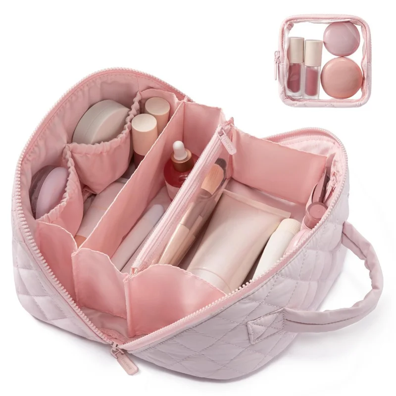 Portable Makeup Bag Large Capacity Travel Cosmetic Organizer with Small Bag - Pink