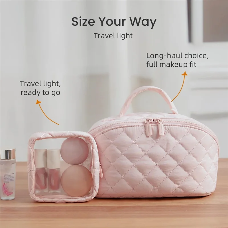Portable Makeup Bag Large Capacity Travel Cosmetic Organizer with Small Bag - Pink