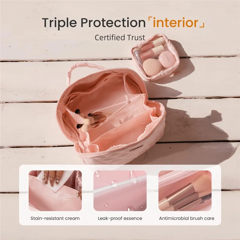 Portable Makeup Bag Large Capacity Travel Cosmetic Organizer with Small Bag - Pink