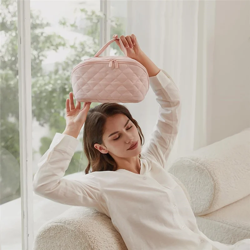 Portable Makeup Bag Large Capacity Travel Cosmetic Organizer with Small Bag - Pink