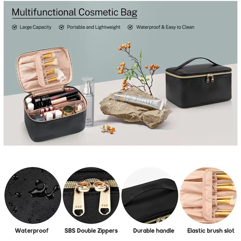 Large Capacity Makeup Bag Portable Travel Cosmetic Organizer Toiletry Bag for Women - Black
