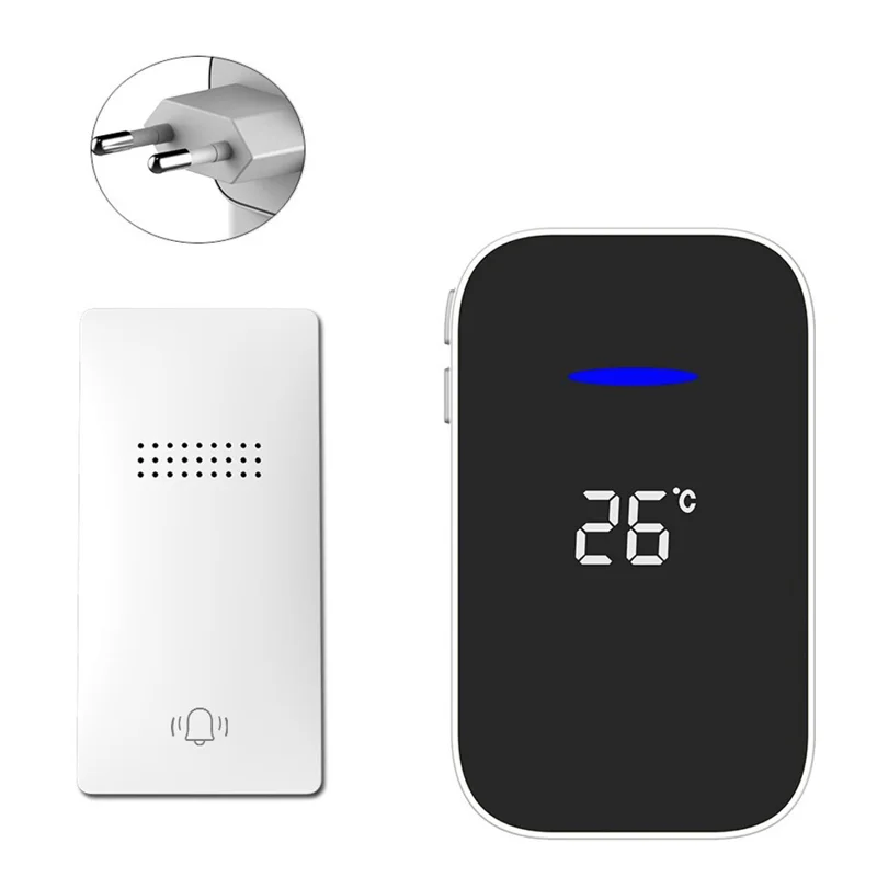 C302B Self-Powered Doorbell Temperature Display Waterproof Wireless Doorbell, EU Plug, (1 Receiver + 1 Transmitter) - White