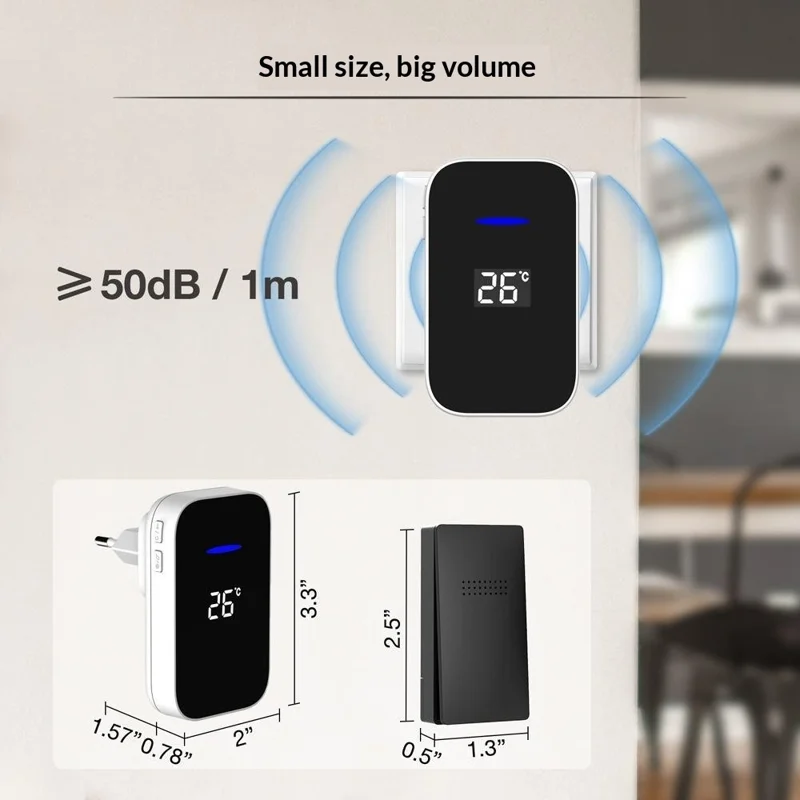 C302B Self-Powered Doorbell Temperature Display Waterproof Wireless Doorbell, EU Plug, (1 Receiver + 1 Transmitter) - White
