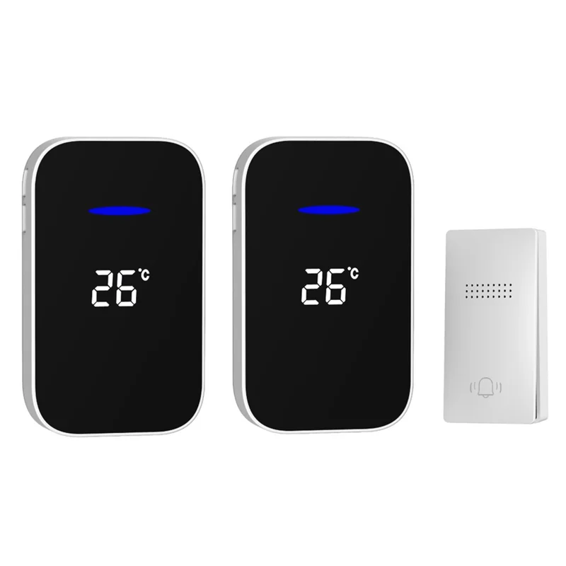 C302B Self-Powered Doorbell Temperature Display Waterproof Wireless Doorbell, EU Plug, (2 Receiver + 1 Transmitter) - White