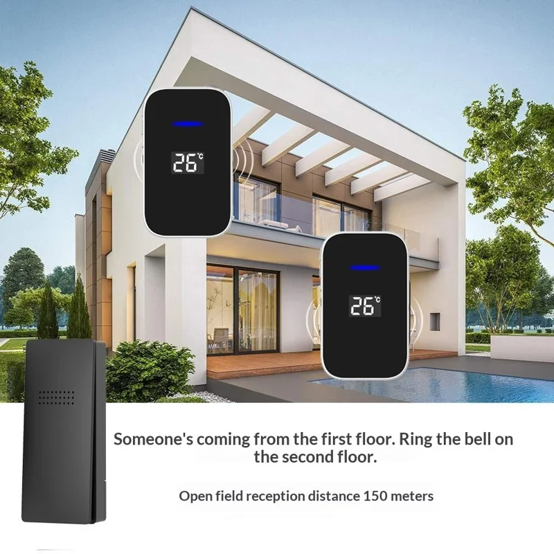 C302B Self-Powered Doorbell Temperature Display Waterproof Wireless Doorbell, EU Plug, (2 Receiver + 1 Transmitter) - White