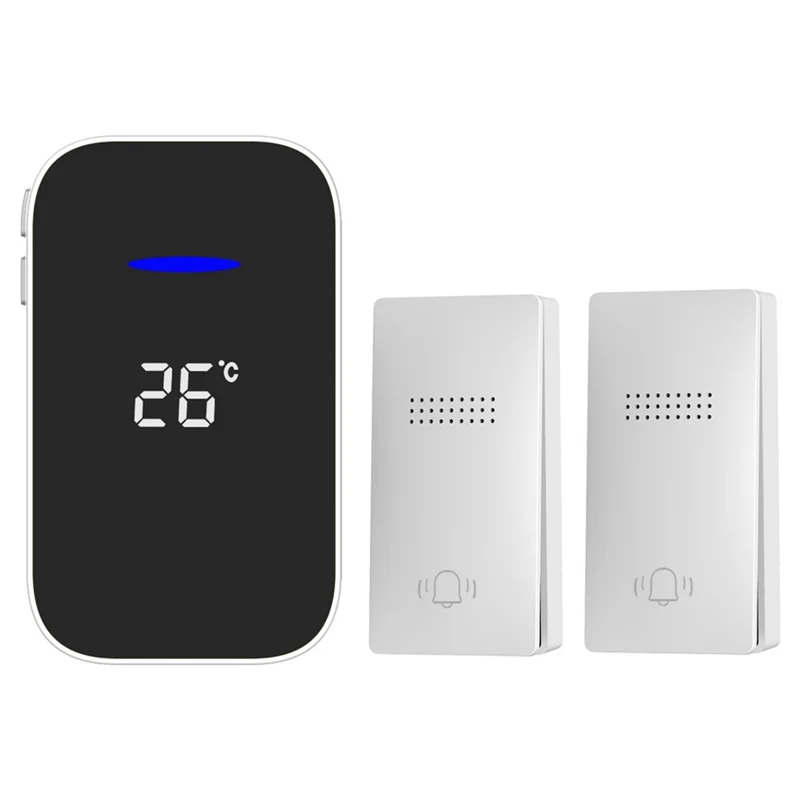 C302B Self-Powered Doorbell Temperature Display Waterproof Wireless Doorbell, EU Plug, (1 Receiver + 2 Transmitter) - White
