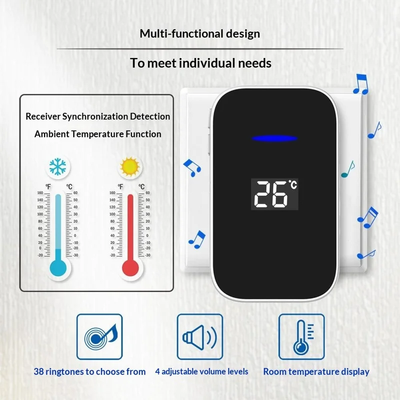 C302B Self-Powered Doorbell Temperature Display Waterproof Wireless Doorbell, EU Plug, (1 Receiver + 2 Transmitter) - White