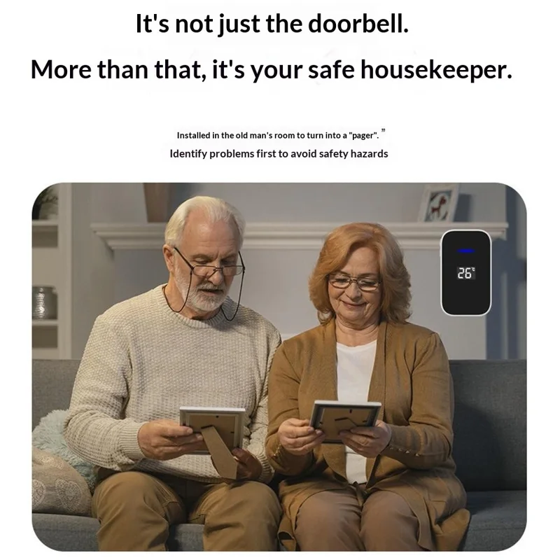 C302B Self-Powered Doorbell Temperature Display Waterproof Wireless Doorbell, EU Plug, (1 Receiver + 2 Transmitter) - White