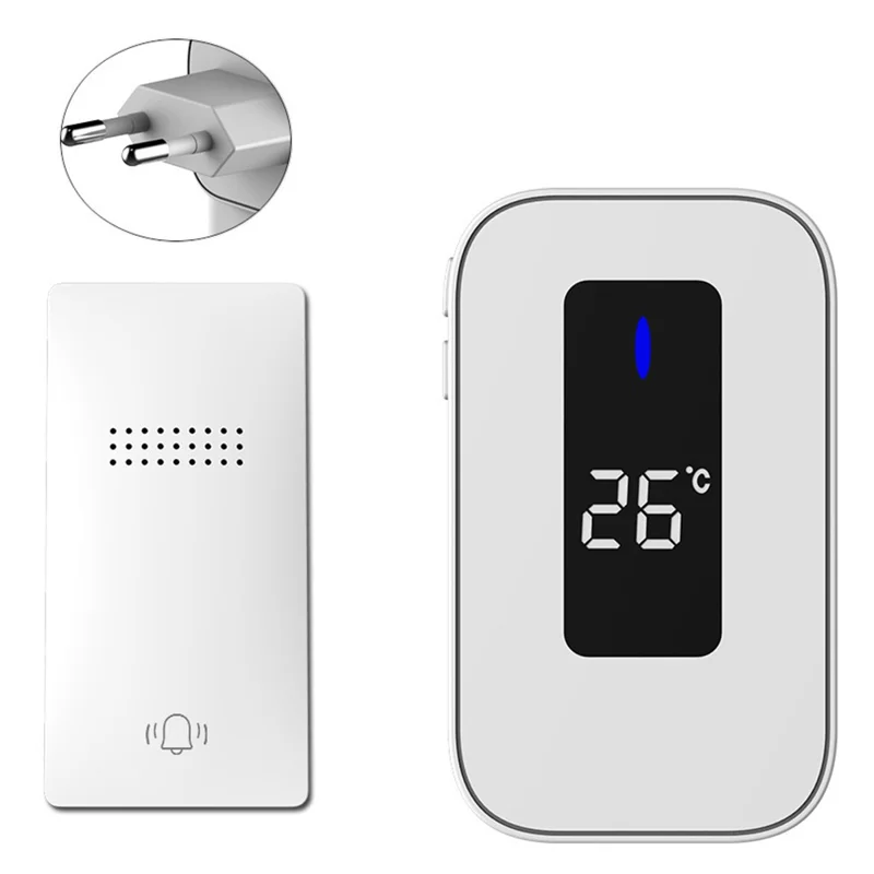 C303B Wireless Self-Powered Doorbell Waterproof Doorbell with Temperature Display, EU Plug, (1 Receiver + 1 Transmitter) - White