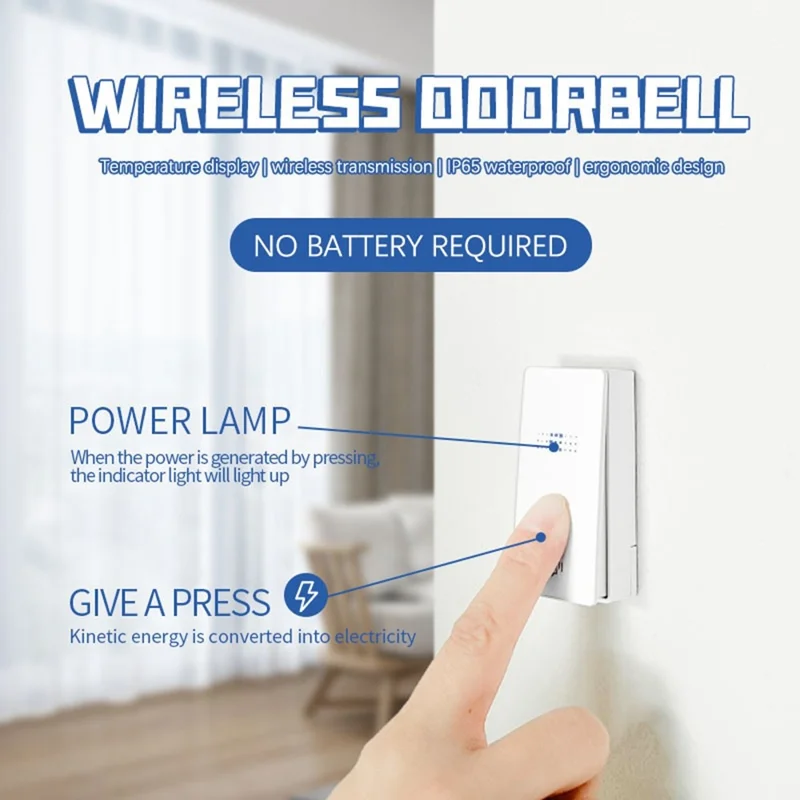 C303B Wireless Self-Powered Doorbell Waterproof Doorbell with Temperature Display, EU Plug, (1 Receiver + 1 Transmitter) - White