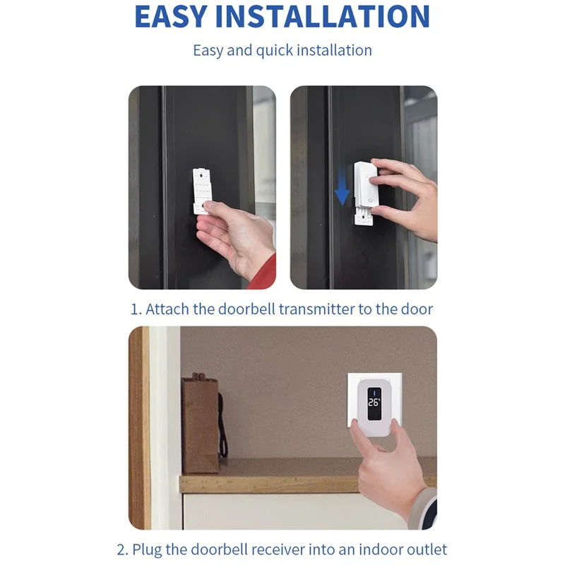 C303B Wireless Self-Powered Doorbell Waterproof Doorbell with Temperature Display, EU Plug, (1 Receiver + 1 Transmitter) - White
