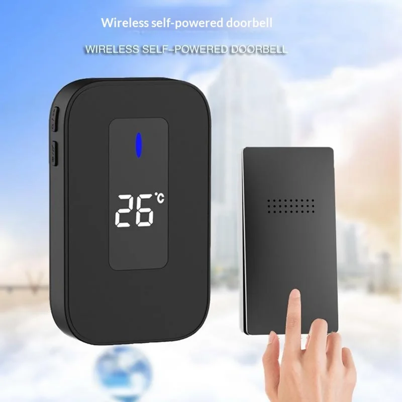 C303B Wireless Self-Powered Doorbell Waterproof Doorbell with Temperature Display, EU Plug, (1 Receiver + 1 Transmitter) - White