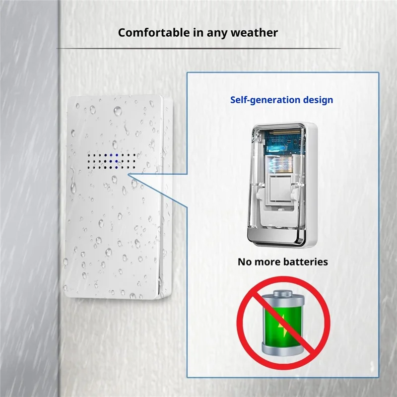 C305B 38 Suonerie 433 MHz Campanello Wireless Autoalimentato con Display Temperatura, 1 Trasmettitore + 1 Ricevitore - Bianco