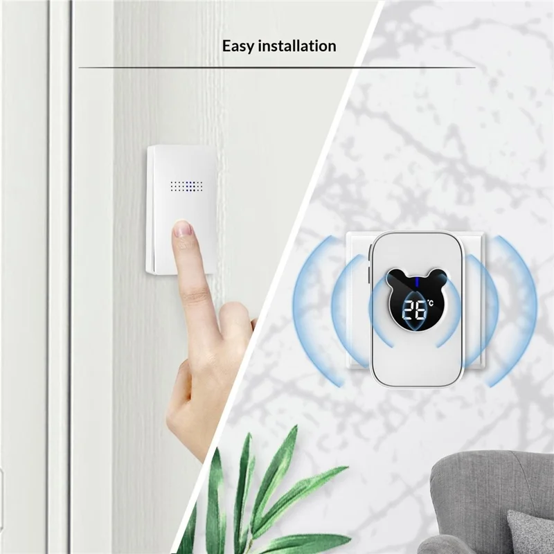 C305B 38 Suonerie 433 MHz Campanello Wireless Autoalimentato con Display Temperatura, 1 Trasmettitore + 1 Ricevitore - Bianco