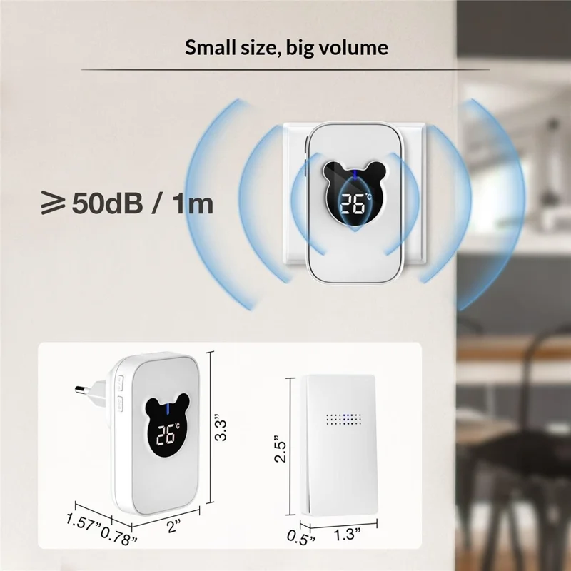 C305B 38 Suonerie 433 MHz Campanello Wireless Autoalimentato con Display Temperatura, 1 Trasmettitore + 1 Ricevitore - Bianco