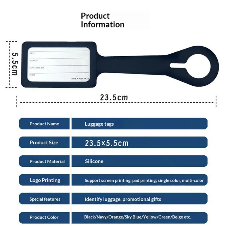 Étiquettes de bagages en silicone Étiquettes d'identification pour valise 23,5 cm Étiquettes de nom pour voyage ou déplacement professionnel - Bleu marine