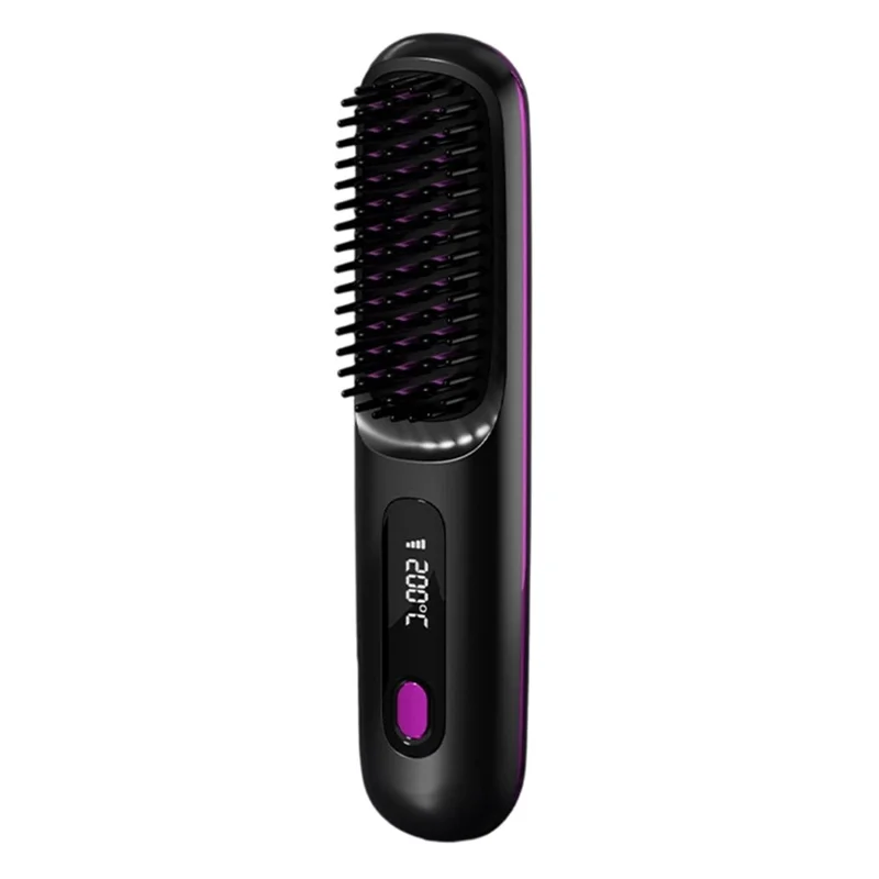 Cordless Hair Straightening Comb LCD Wireless Ceramic Hair Straightener with 3 Temperature Settings - Black