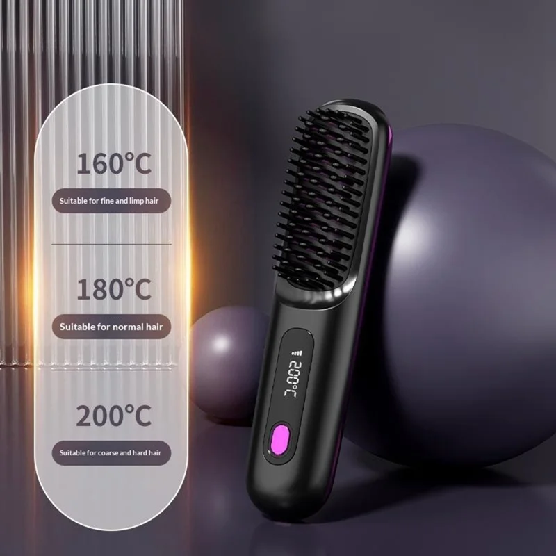 Cordless Hair Straightening Comb LCD Wireless Ceramic Hair Straightener with 3 Temperature Settings - Black