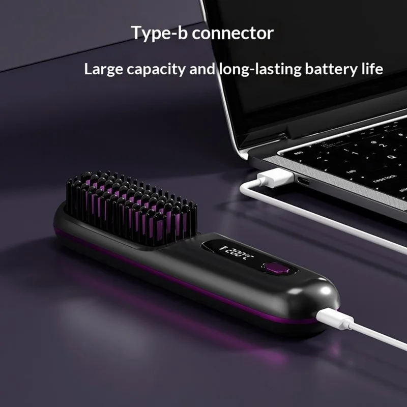 Cordless Hair Straightening Comb LCD Wireless Ceramic Hair Straightener with 3 Temperature Settings - Black