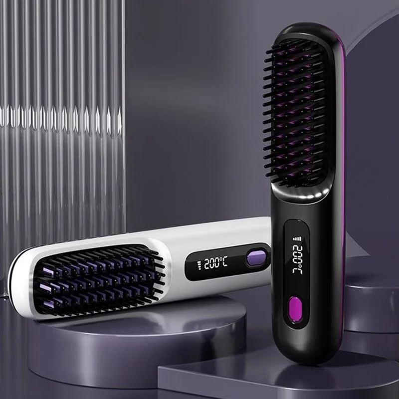 Cordless Hair Straightening Comb LCD Wireless Ceramic Hair Straightener with 3 Temperature Settings - Black