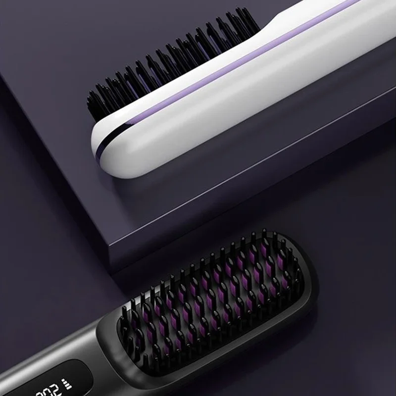 Cordless Hair Straightening Comb LCD Wireless Ceramic Hair Straightener with 3 Temperature Settings - Black