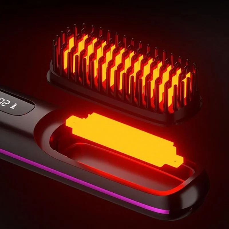 Cordless Hair Straightening Comb LCD Wireless Ceramic Hair Straightener with 3 Temperature Settings - Black