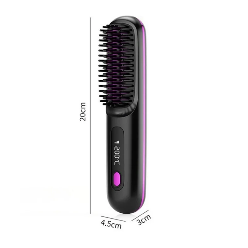 Cordless Hair Straightening Comb LCD Wireless Ceramic Hair Straightener with 3 Temperature Settings - Black
