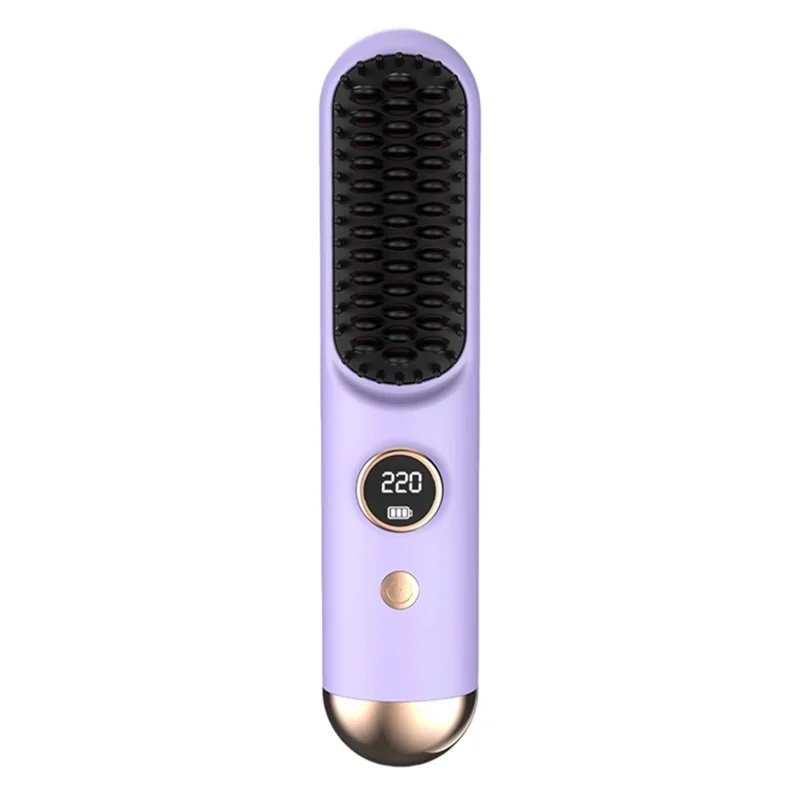 USB Rechargeable Ceramic Hair Straightener Comb Wireless Portable Styling Brush 9 Temperature Adjustment - Purple