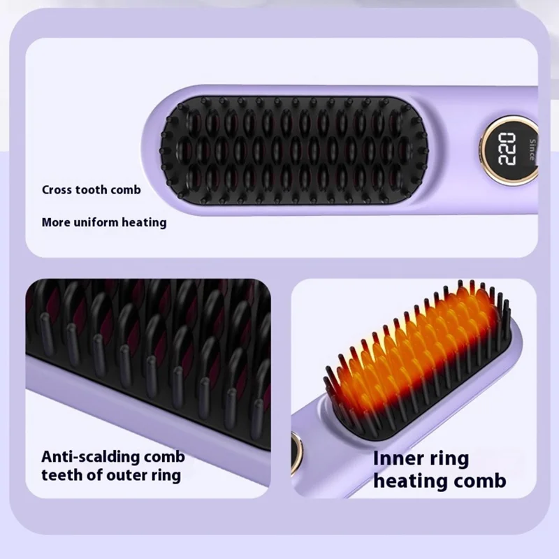 USB Rechargeable Ceramic Hair Straightener Comb Wireless Portable Styling Brush 9 Temperature Adjustment - Purple