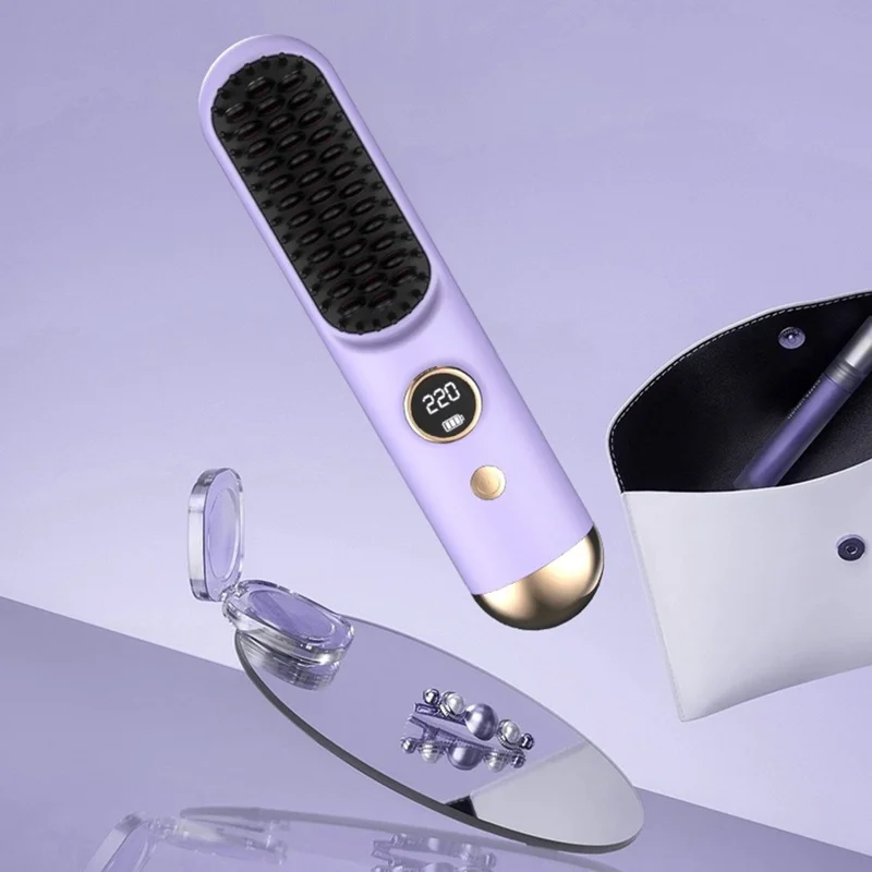 USB Rechargeable Ceramic Hair Straightener Comb Wireless Portable Styling Brush 9 Temperature Adjustment - Purple