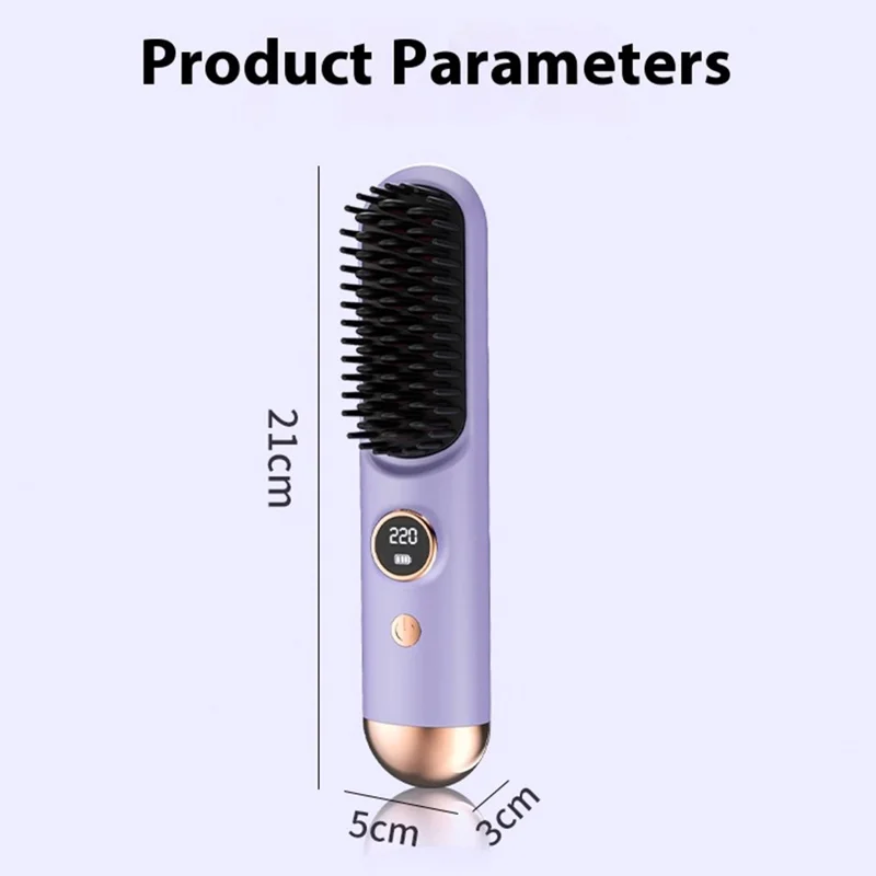 USB Rechargeable Ceramic Hair Straightener Comb Wireless Portable Styling Brush 9 Temperature Adjustment - Purple