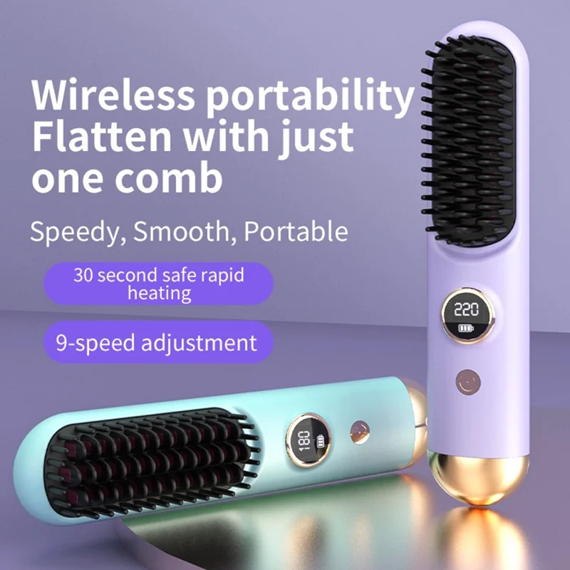 USB Rechargeable Ceramic Hair Straightener Comb Wireless Portable Styling Brush 9 Temperature Adjustment - Purple