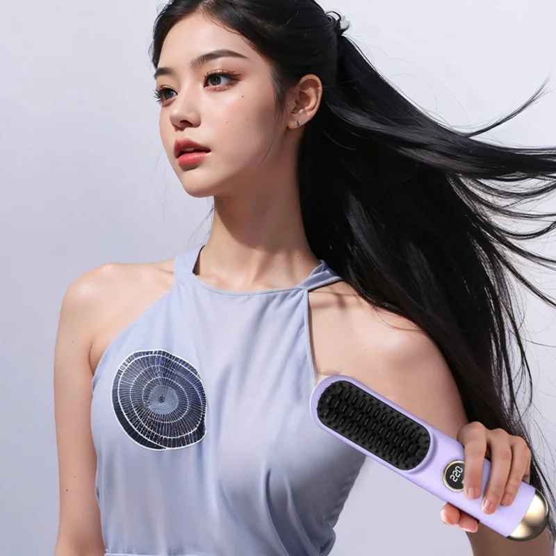 USB Rechargeable Ceramic Hair Straightener Comb Wireless Portable Styling Brush 9 Temperature Adjustment - Purple