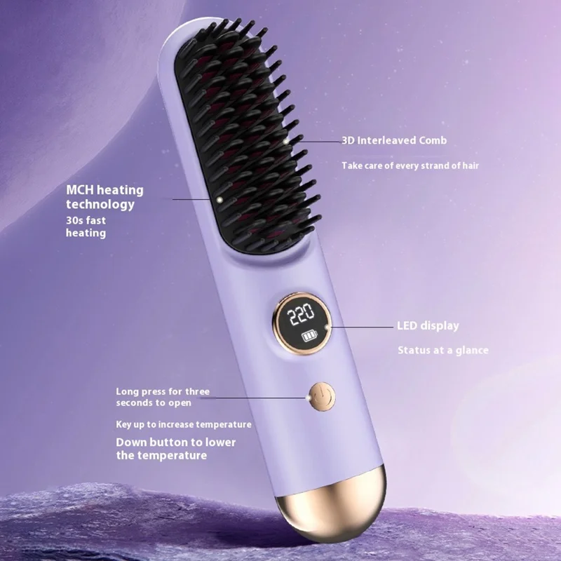 USB Rechargeable Ceramic Hair Straightener Comb Wireless Portable Styling Brush 9 Temperature Adjustment - Purple