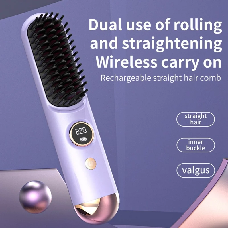 USB Rechargeable Ceramic Hair Straightener Comb Wireless Portable Styling Brush 9 Temperature Adjustment - Purple